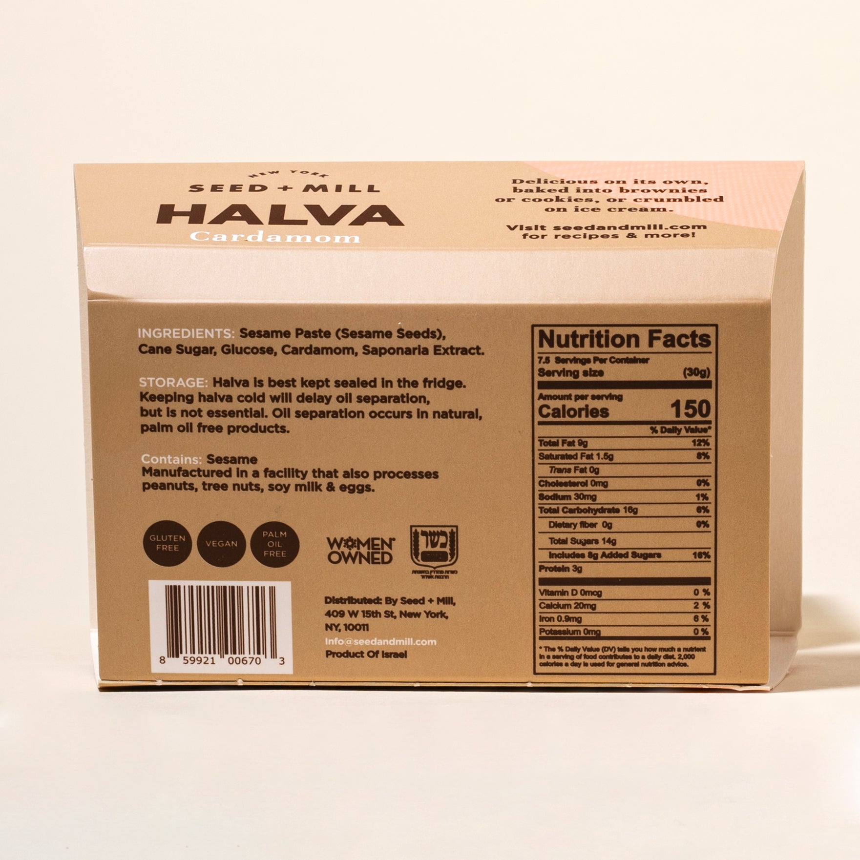 Back of a box of Seed + Mill Halva with ingredients and nutrition facts on a beige background