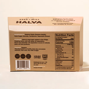 Back of a box of Seed + Mill Halva with ingredients and nutrition facts on a beige background