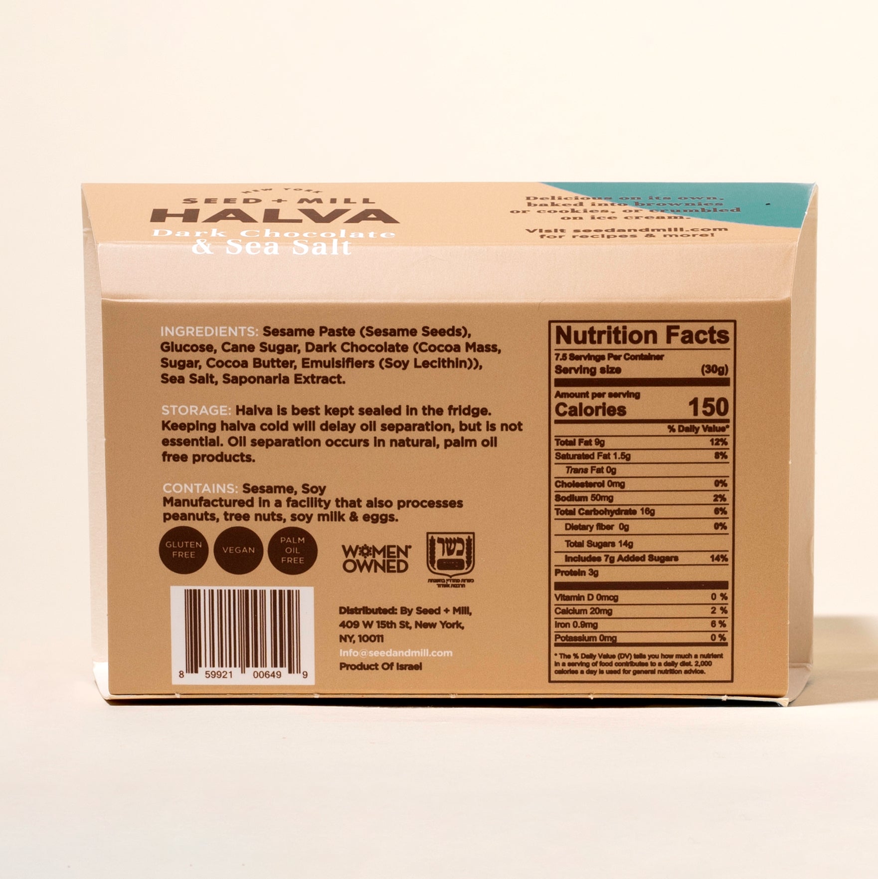 Back of a box of Seed + Mill Dark Chocolate & Sea Salt Halva with nutritional information and ingredients listed.