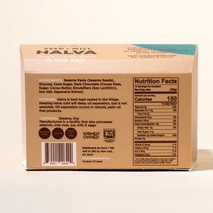 Back of a box of Seed + Mill Dark Chocolate & Sea Salt Halva with nutritional information and ingredients listed.