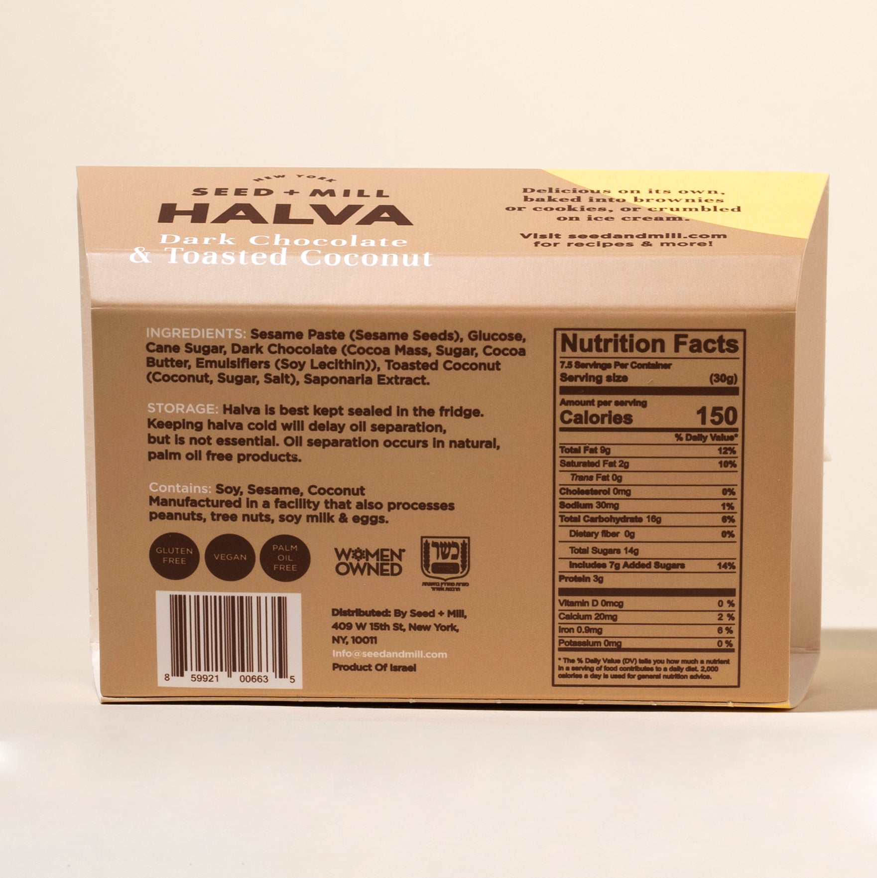 Back of a box of Seed + Mill Halva in dark chocolate and toasted coconut flavor with nutritional information and ingredients listed.