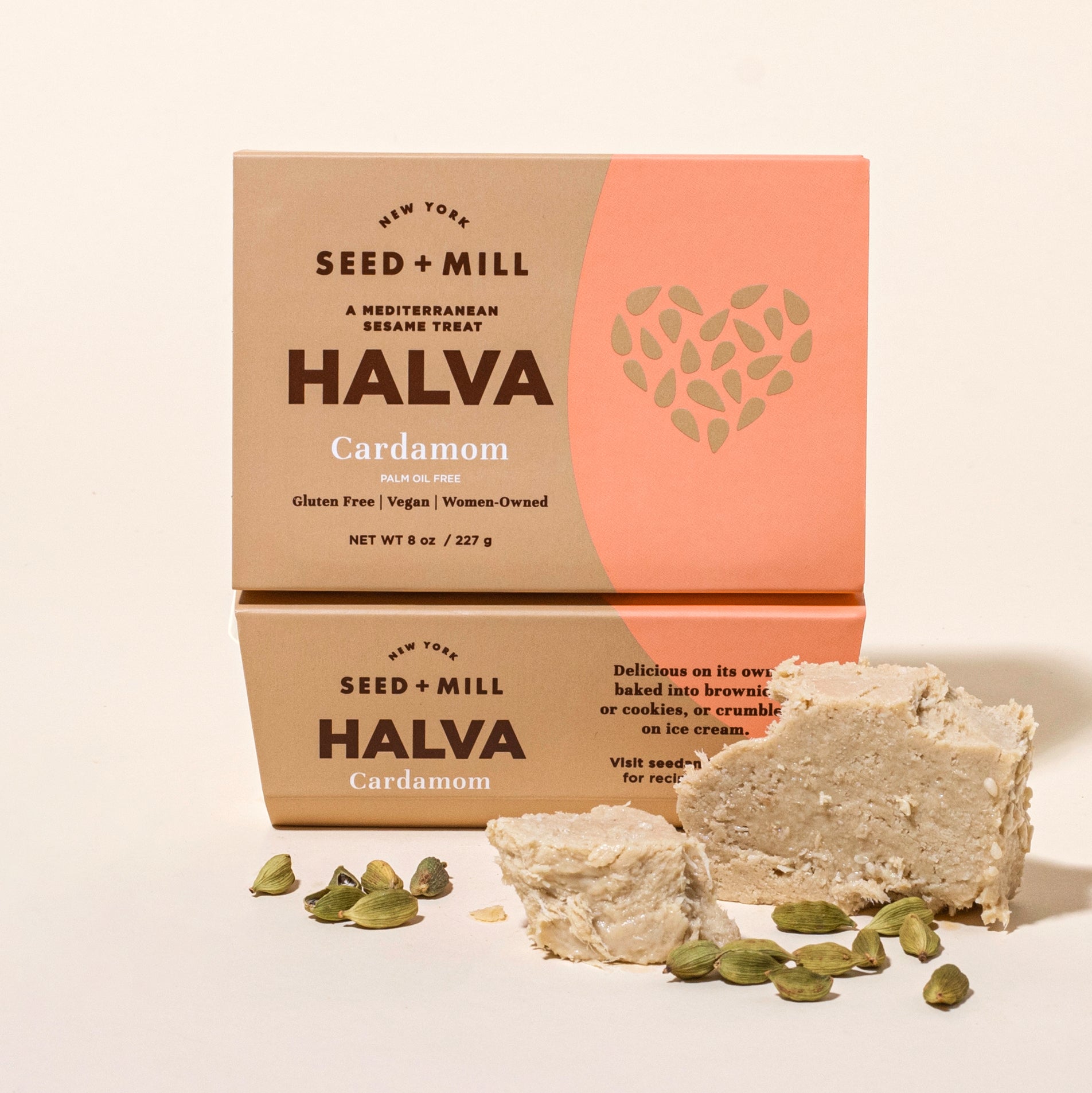 Seed + Mill Cardamom  halva packaging with halva blocks and cardamom seeds on a light background