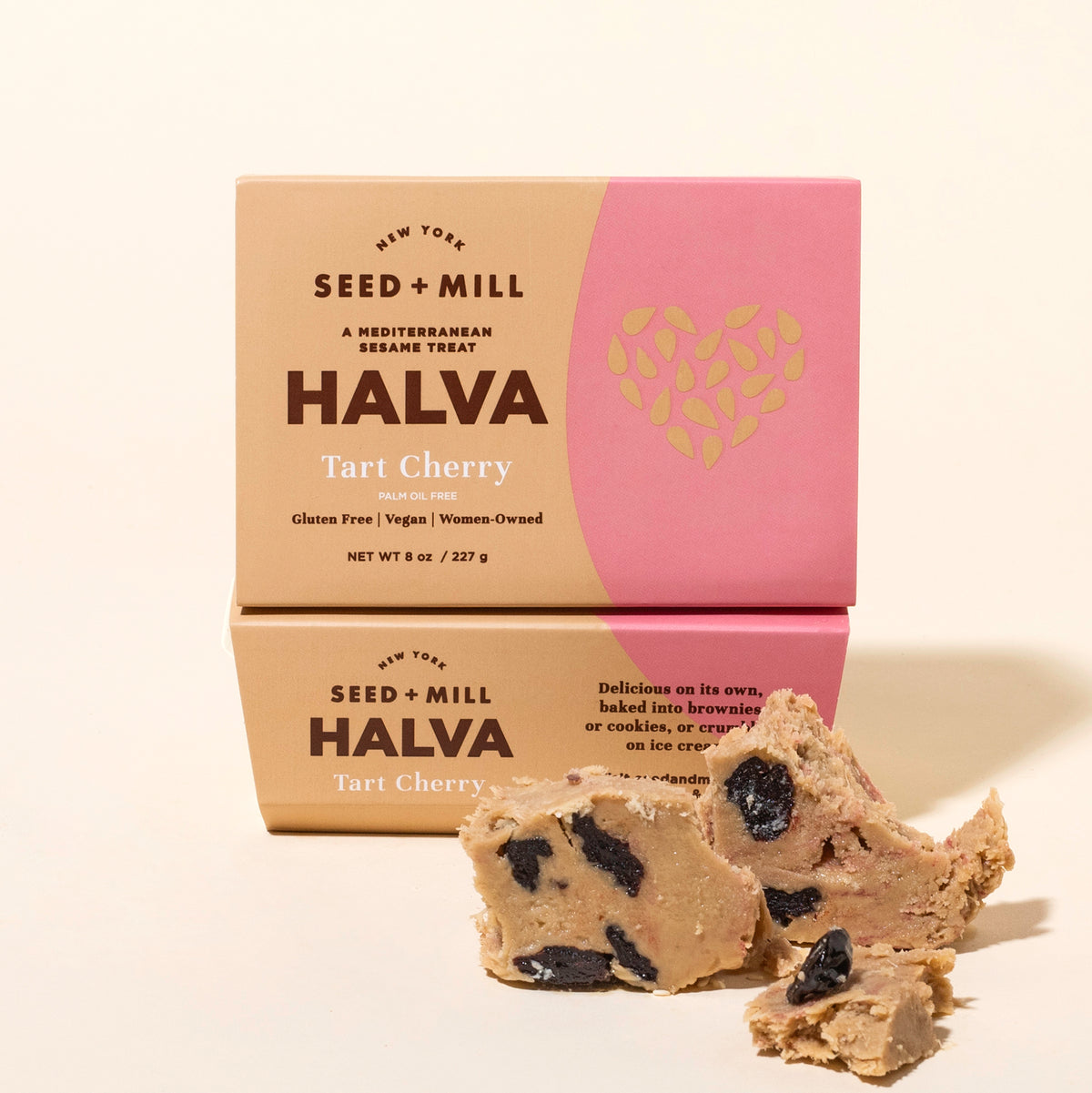 Seed + Mill Tart Cherry Halva packaging with halva on a beige background