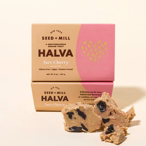 Seed + Mill Halva Tart Cherry packaging with halva on a beige background
