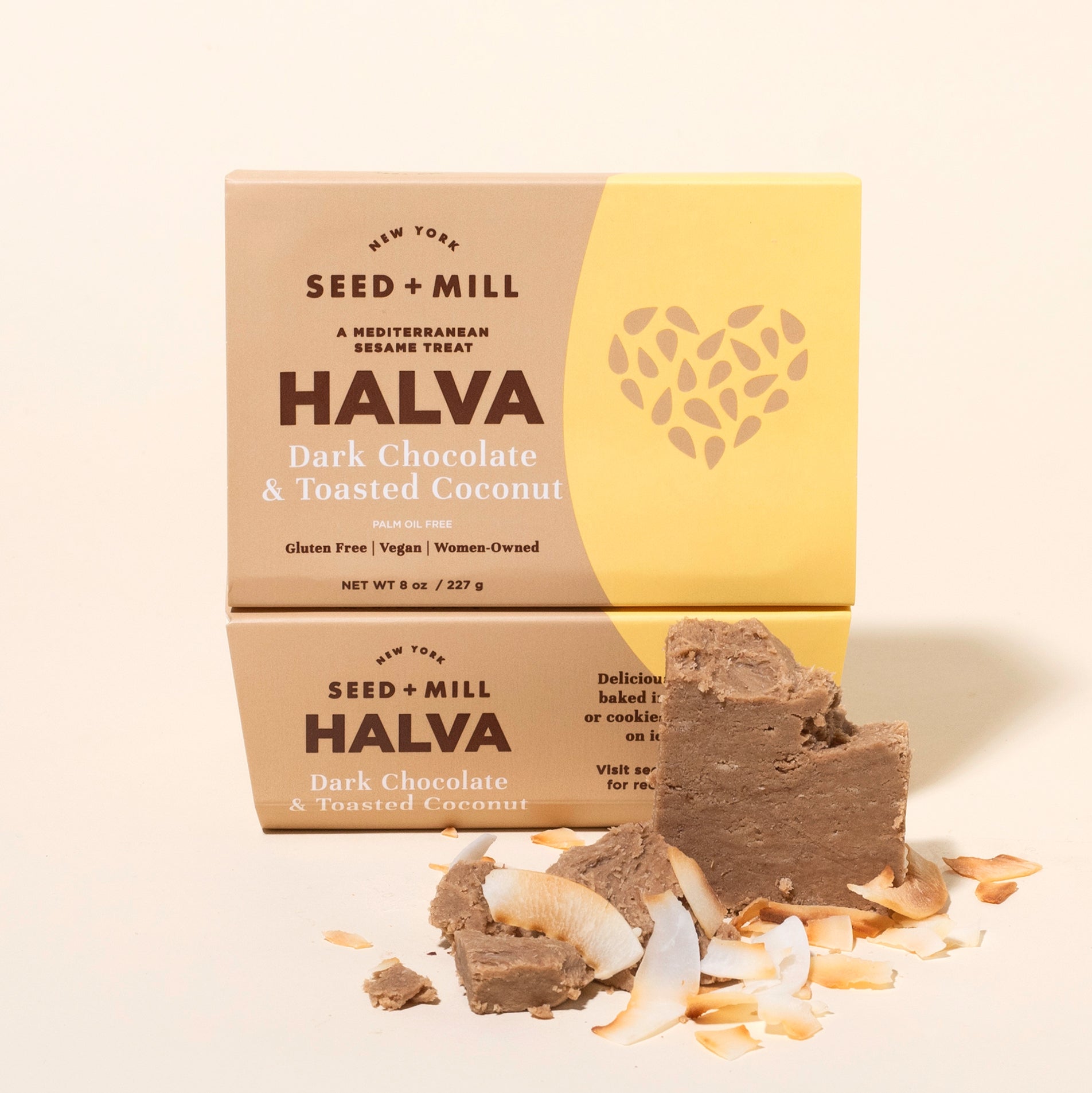 Seed + Mill Halva Dark Chocolate & Toasted Coconut with packaging on a beige background