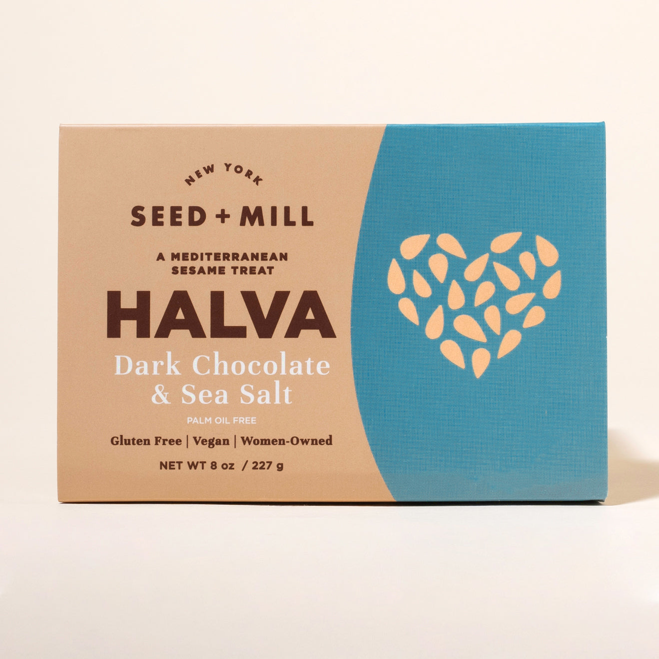 Box of Seed + Mill Dark Chocolate & Sea Salt Halva on a beige background