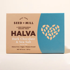 Box of Seed + Mill Dark Chocolate & Sea Salt Halva on a beige background