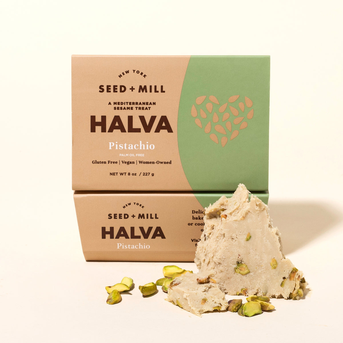 Pistachio halva with Seed + Mill packaging on a white background.