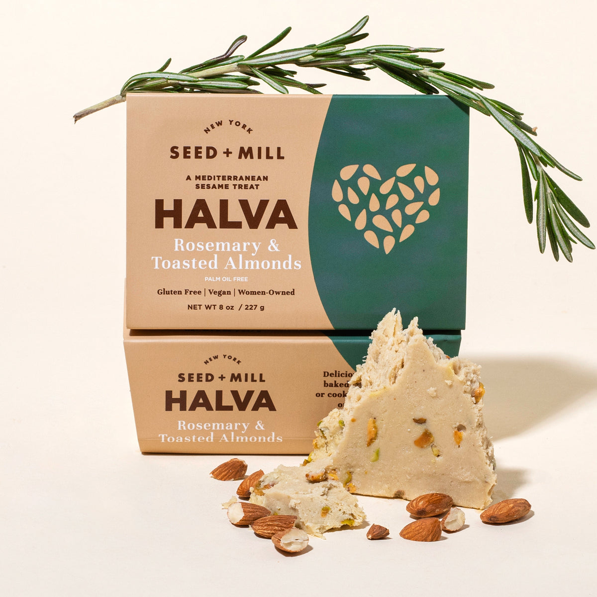 Seed + Mill Halva with rosemary and toasted almonds on a light background