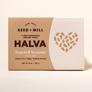 Box of Seed + Mill Halva Toasted Sesame on a beige background