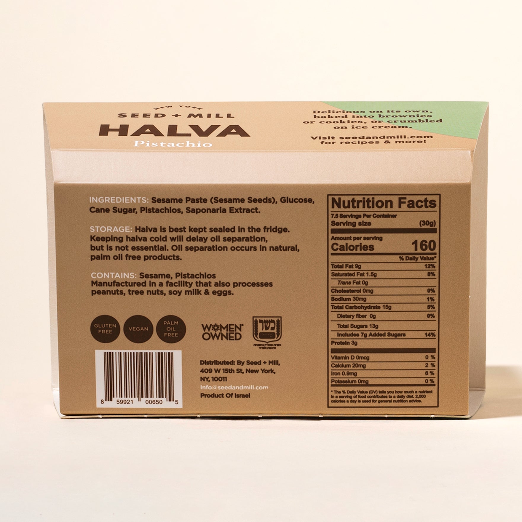 Back of a box of Seed + Mill Halva Pistachio with nutritional information and ingredients listed.