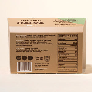 Back of a box of Seed + Mill Halva Pistachio with nutritional information and ingredients listed.