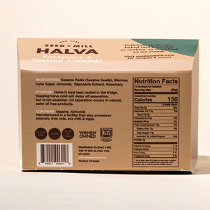 Box of Seed + Mill Rosemary & Toasted Almond Halva with nutritional information and ingredients on a beige background