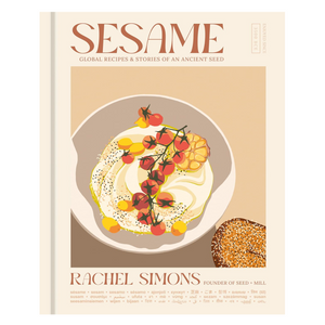 Cover of the book 'SESAME: Global Recipes & Stories of an Ancient Seed' by Rachel Simons, featuring an illustration of a dish with sesame seeds, tomatoes, and garlic.