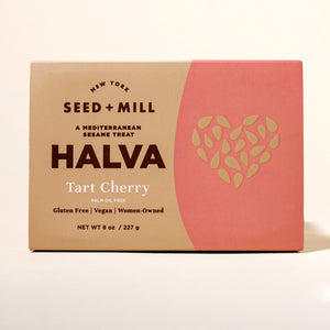 Box of Seed + Mill Tart Cherry Halva on a beige background