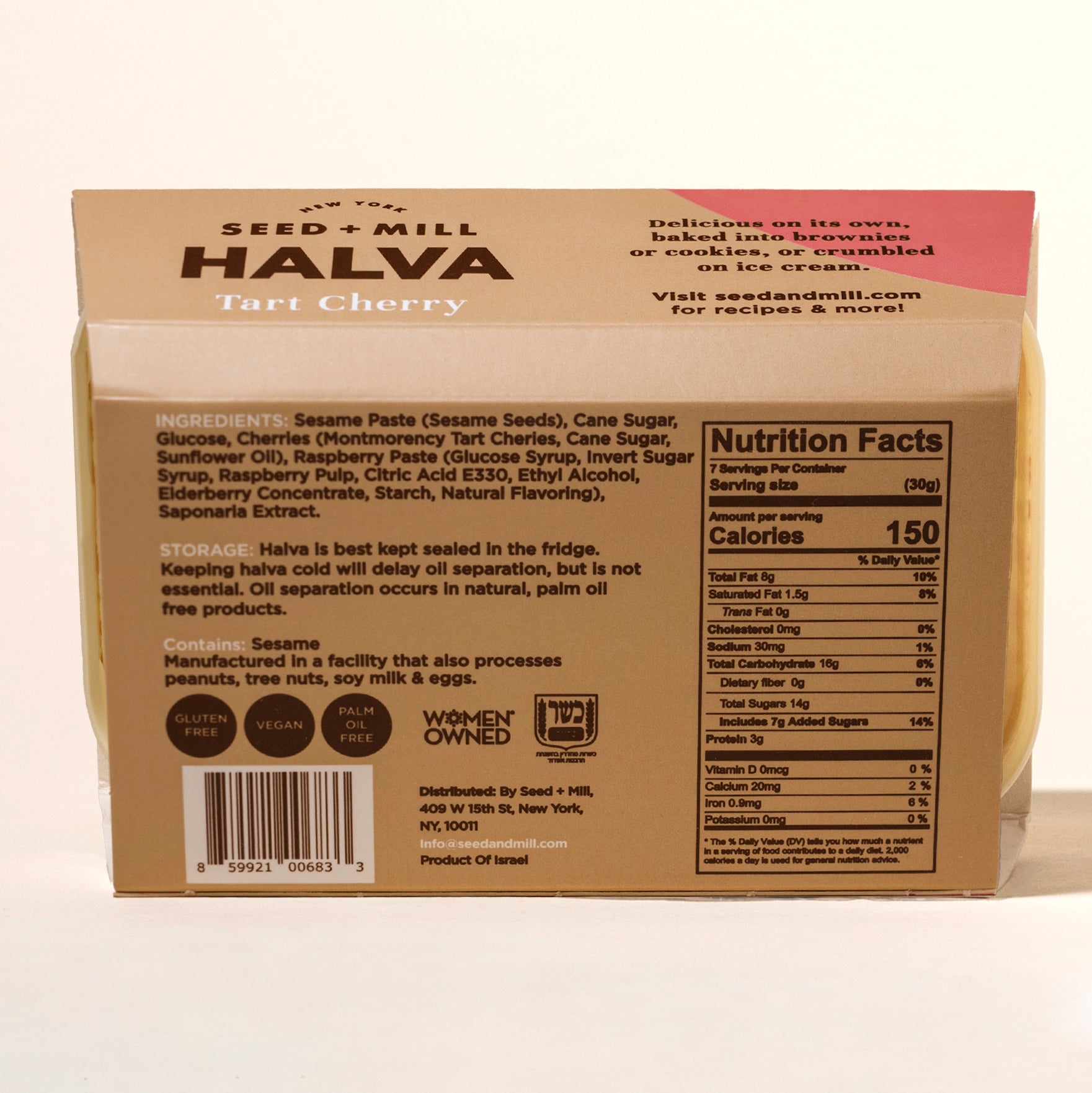 Back of Seed + Mill Tart Cherry Halva packaging with nutrition facts and ingredients list.