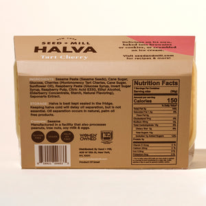 Back of Seed + Mill Tart Cherry Halva packaging with nutrition facts and ingredients list.