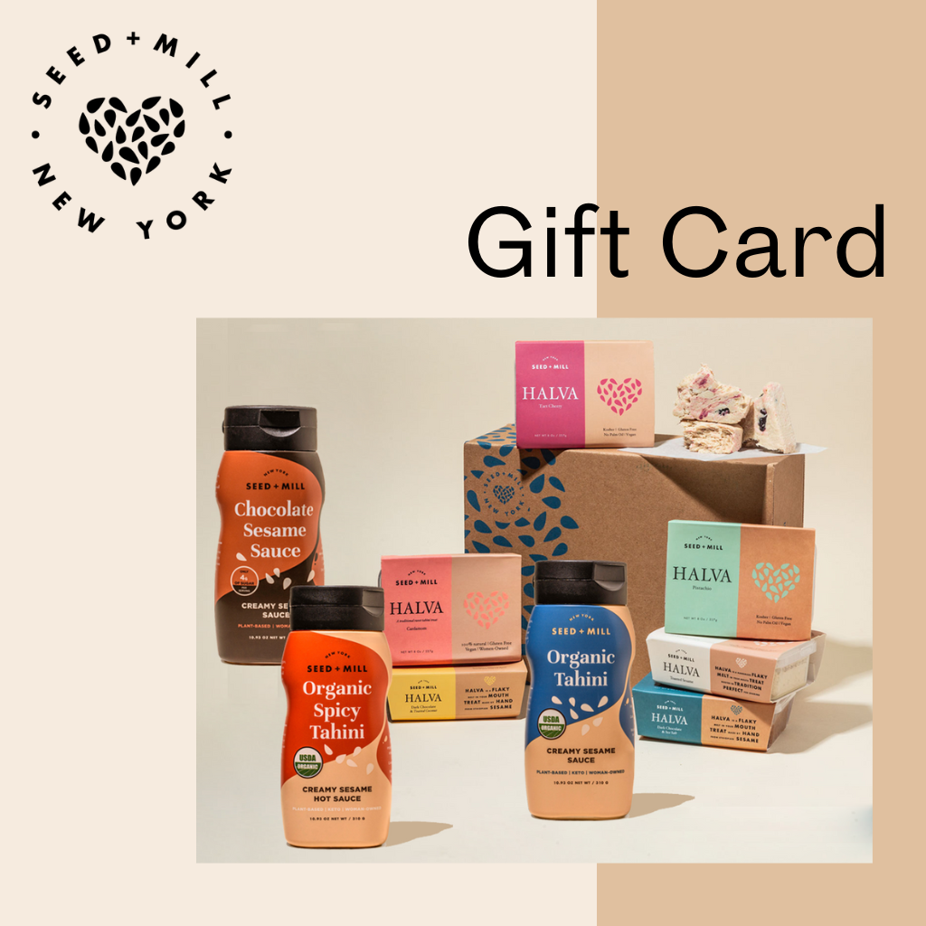 Gift card for Seed & Mill New York with various products including tahini and halva packages on a beige background.