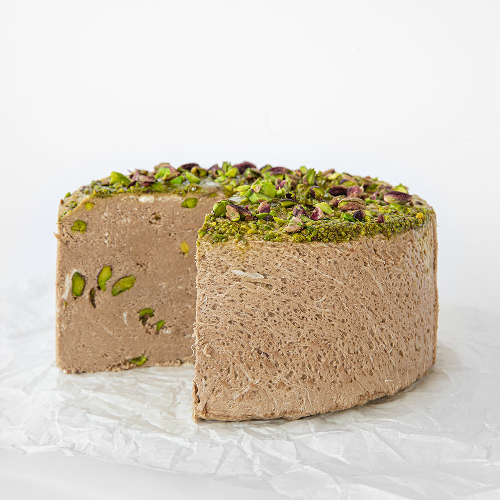 A chocolate pistachio halva cake.