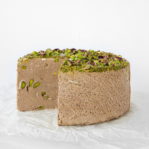 A chocolate pistachio halva cake.